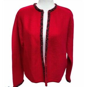 Vintage Penmans 100% Wool Cardigan Sweater Red Cable Trim Knit Size XL